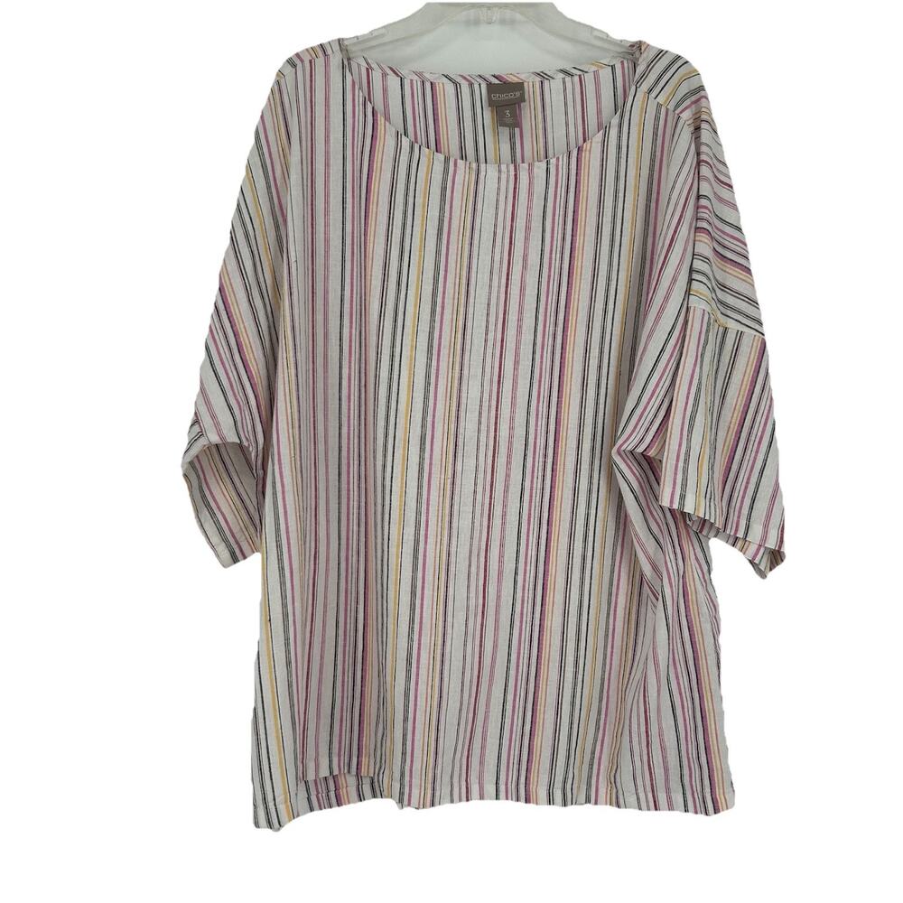 Chicos 3 Size XL Linen Blend Top White Stripe Oversized Dolman Sleeves Casual